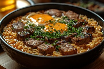 Gourmet Ramen Bowl: Noodles Steak and Sunny-Side Eggs topped with fresh herbs for a delicious and satisfying meal experience