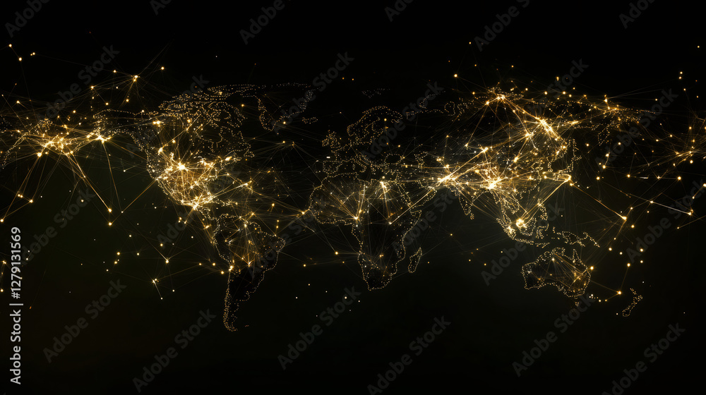 Poster Luminous golden lines connecting networked points creating digital world map, symbolizing global connectivity and data sharing across dark background