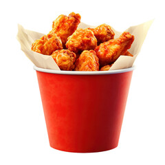 Tasty fried chicken wings in paper bucket isolated on transparent background