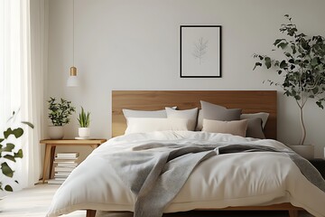 there is a bed with a white comforter and a plant in a room