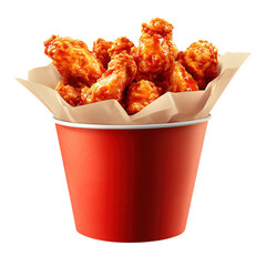Tasty fried chicken wings in paper bucket isolated on transparent background