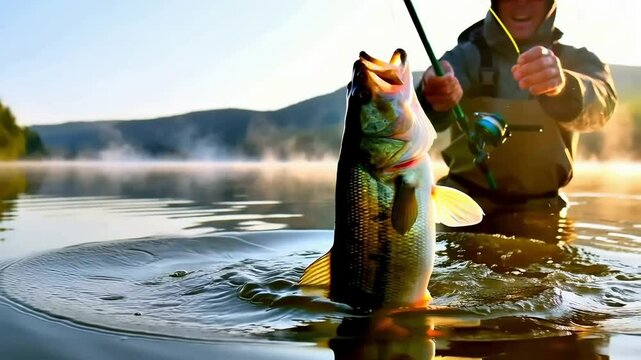 Adult man fly fishing and catching largemouth bass at sunrise
