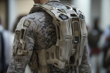 Soldier showcasing an advanced exoskeleton, highlighting military technological advancements