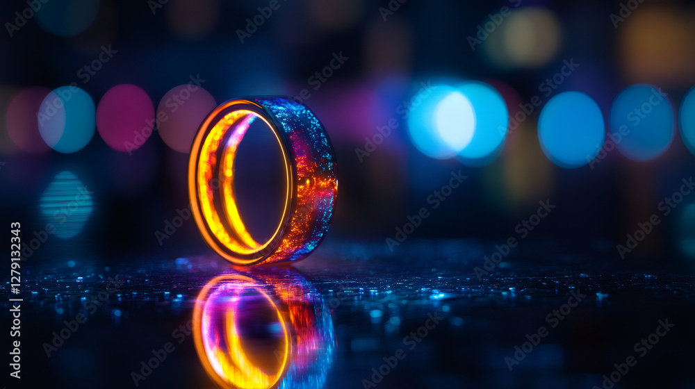 Leinwandbilder close-up of glowing futuristic ring reflecting on a wet surface with bokeh lights in the background