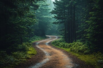 Fototapeta premium Mystical Forest Path Winding Through Foggy Woods