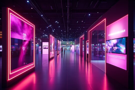 Futuristic neon-lit corridor with reflections on a glossy floor