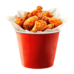 Tasty fried chicken wings in paper bucket isolated on transparent background