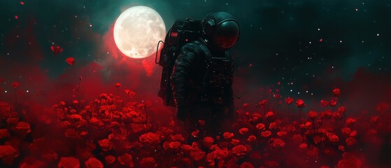Fatigued Astronaut Among Red Roses Under an Alien Moon – Sci-Fi Surrealism in 4K