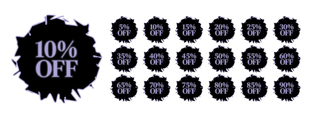 Promotional labels with different discount percentages. Abstract shape, broken glass, hole. 5, 10, 15, 20, 25, 30, 35, 40, 45, 50, 55, 60, 65, 70, 75, 80, 85, 90 percent off.