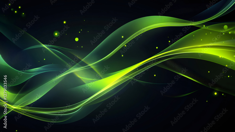 Aufkleber Flowing green waves dance across a dark background, illuminated by shimmering particles, creating a vibrant and dynamic abstract scene