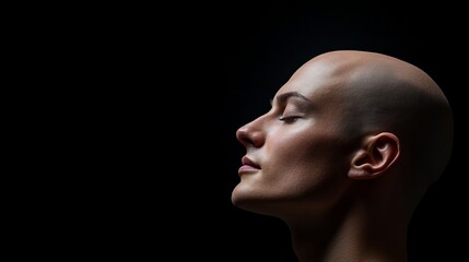 Serene bald woman, eyes closed, profile view against a dark background.  A minimalist portrait emphasizing beauty and peace.