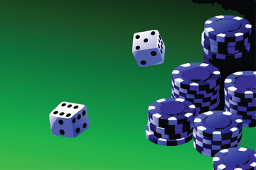 A vibrant green felt backdrop features several dice mid-roll, showcasing their shiny surfaces and sharp edges.  The scene is brightly lit, emphasizing the texture of the felt.