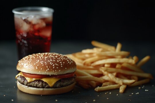 Cheeseburger with melted cheese, tomato slices, sesame bun, french fries and soda on dark table