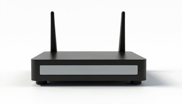 Modern black Wi-Fi internet router isolated on white background. Wireless tech device for network connection. Broadband equipment with antennae for home, office. Sleek digital modem with smart