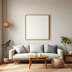 japandi-style empty frame mockup in modern cozy living room, natural wood tones, soft lighting, textured neutral walls, minimal decor