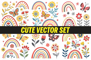Adorable nature-themed vector set with flowers, rainbows, and butterflies