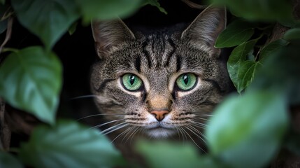 A graceful cat with striking green eyes cautiously observes its surroundings from behind lush foliage, embodying curiosity and stealth.