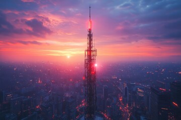 Majestic city skyline at twilight with a towering skyscraper in the distance