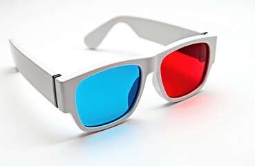 Close-up of white plastic 3D glasses with one red and one blue lens. Retro style glasses to watch three-dimensional film in the cinema theatre. Accessory for fun leisure with illusion effect.