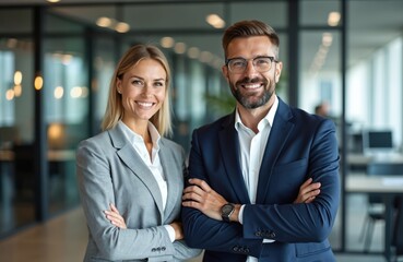 Successful business team portrait in corporate office setting. Confident businessman, businesswoman smile, exude expertise, leadership. Modern professionals in suits stand together. Teamwork,