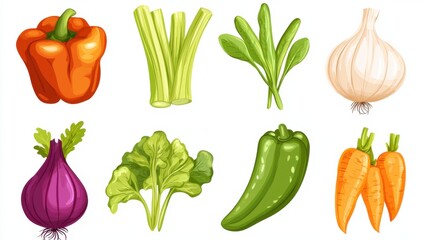 Different vegetables set. Celery, pepper, beetroot, carrot, onion, garlic, ginger and green bean isolated on white background. Healthy eating concept. Creative layout. Flat lay, top view