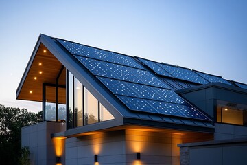 Obraz premium Modern eco-friendly house with solar panels installed on the roof
