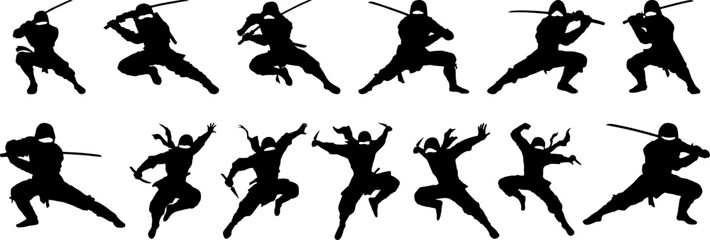 set of ninja warrior silhouette vector