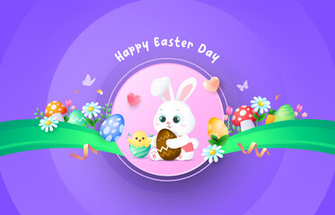 Easter background design with cute rabbit, easter elements and circle design purple background. Vector illustration template for festive concept and promotion.