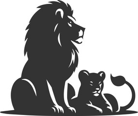 A lion cub sitting calmly next to its mother vector animal silhouette
