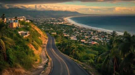 Fototapeta premium Aerial view showcasing a winding road descending a hill, leading towards a distant beach under a clear sky, emphasizing natural beauty and serenity.