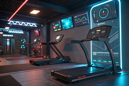 Modern gym interior featuring digital displays and high-tech treadmill equipment in neon lights. - Powered by Adobe