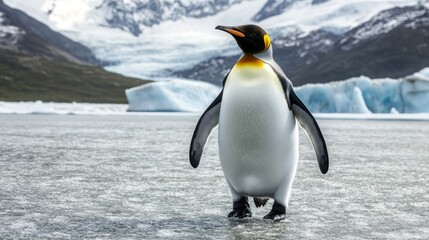 Fototapeta premium stock photo of a penguin walking with iced mountain background