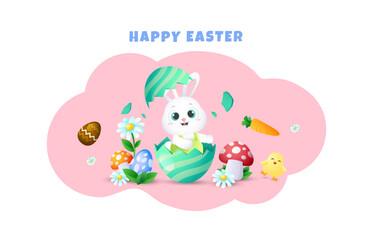 Cheerful rabbit with cute easter cartoon elements with pink cloud shape. Vector illustration for festive design template.