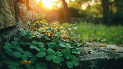 A resilient plant emerges from a rock, surrounded by lush grass, illustrating the beauty of nature's perseverance and adaptability in challenging conditions.