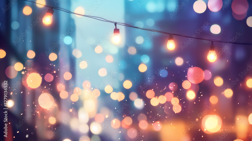 Poster glowing string lights casting soft bokeh patterns over blurred urban landscape, evoking holiday warm