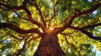 Naklejka premium A detailed view of a tree illuminated by sunlight filtering through its leaves, showcasing nature's beauty and intricate patterns.