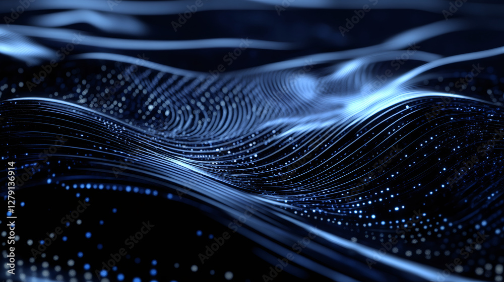 Poster Digital blue waves swirling, representing data flow, particles dancing, symbolizing technological connectivity and dynamic network movement