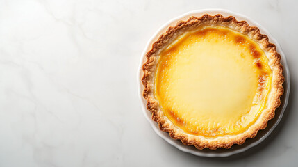 Classic custard tart with gold frame and fluffy custard filling. Neutral and simple background.