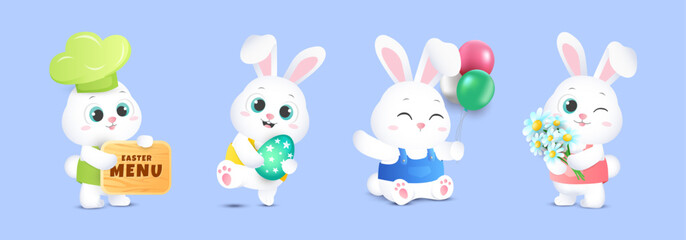 Obraz premium 3d funny easter rabbit cartoon character set with poses like holding menu board, egg, balloons and flowers. Vector illustration character template.