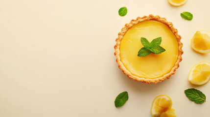 Crisp lemon tart filled with tangy lemon curd and topped with fresh mint leaves. Airy and light bg.