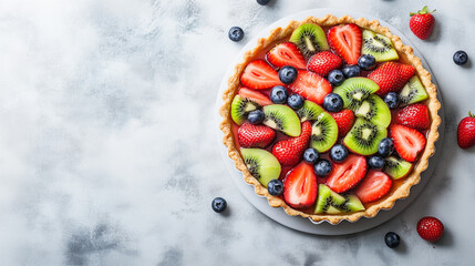 Buttery fruit tart topped with colorful fresh fruits such as strawberries, blueberries and kiwi.