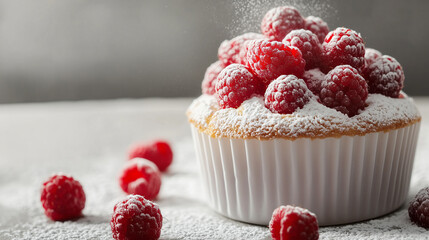 Rich raspberry souffle with fresh berries and dusted with powdered sugar. Neutral background.