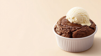 Warm chocolate souffle with melted filling, served with vanilla ice cream. Light and airy background