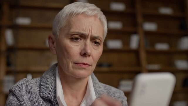 Senior woman skeptical while online shopping on smartphone