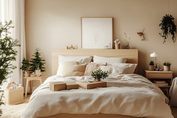 there is a bed with a white comforter and a wooden headboard