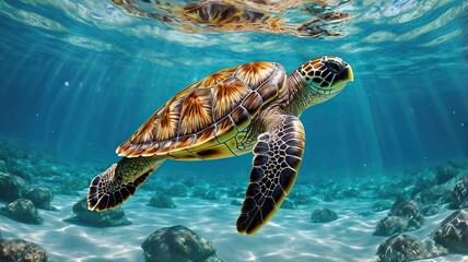 Obraz premium A sea turtle swimming gracefully in crystal-clear waters, 3D rendering, ultra-detailed shell patterns