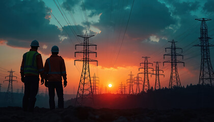 Power plant technicians oversee electricity grid at sunset after blackout. Electricians in helmets, safety vests maintain high voltage power lines at energy distribution station. Team ensures energy