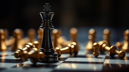 Victorious Black Chess King Surrounded by Fallen Gold Pieces