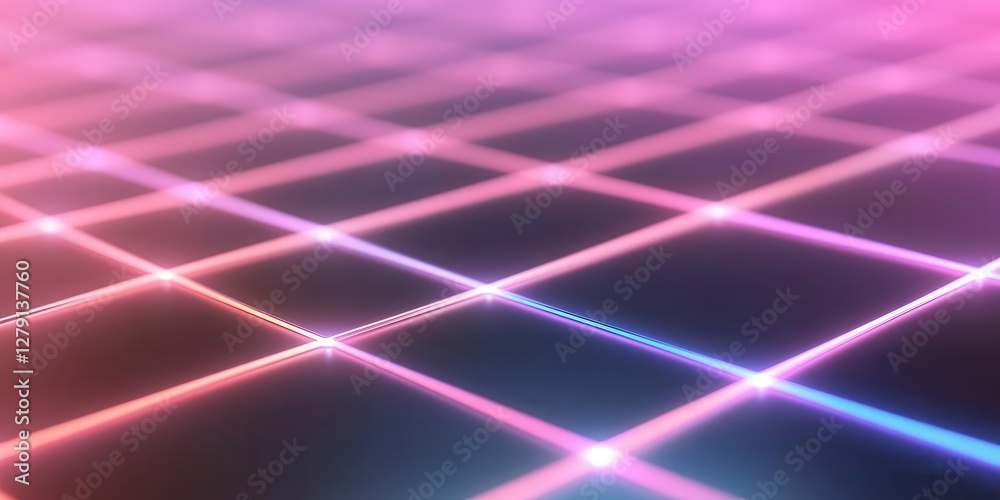 Poster neon wireframe 3d grid pattern, sci-fi technology background with mesmerizing depth and dimension.