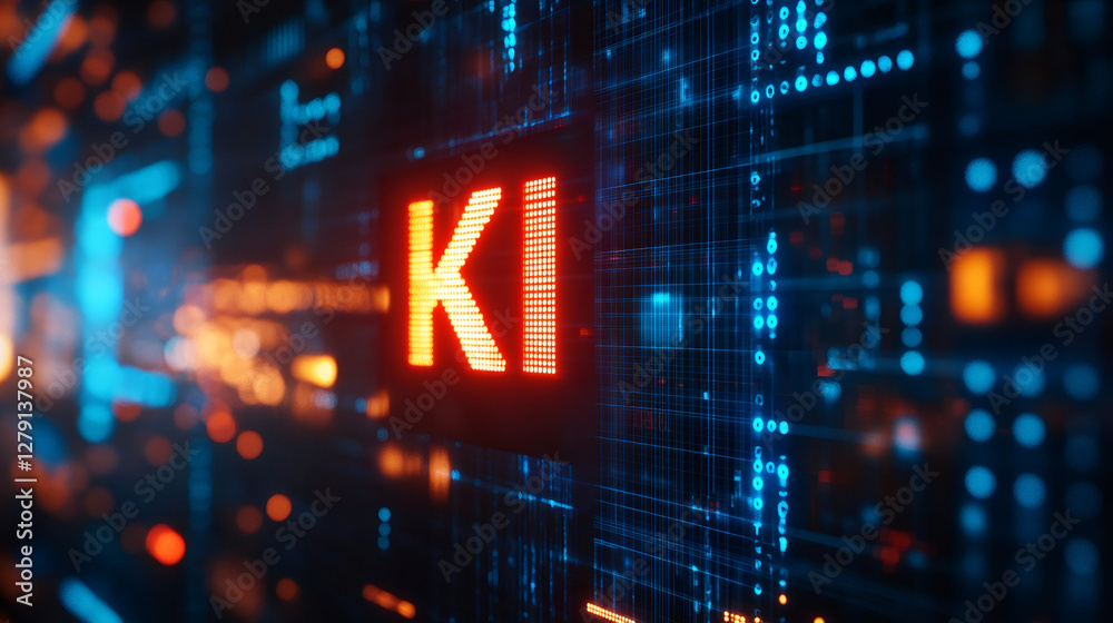 Poster Glowing KI letters on a computer screen represent artificial intelligence in german language, surrounded by binary code and futuristic digital effects